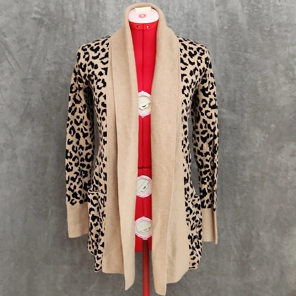 Yes Lola Leopard Print Open Front Cardigan Sweater Size Small Tan Black